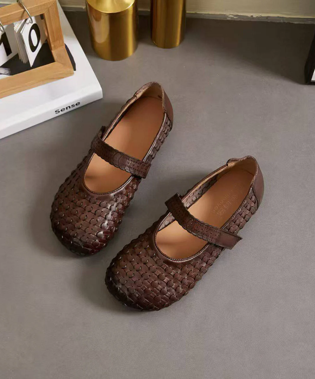 Vintage Buckle Strap Flat Shoes Brown Faux Leather - Image 5
