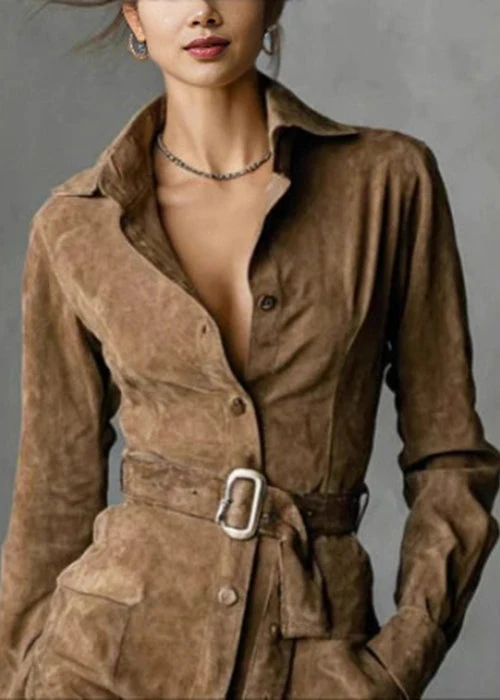 Vintage Camel Button Pockets Sashes Faux Suede Shirts Dresses Spring - Image 5