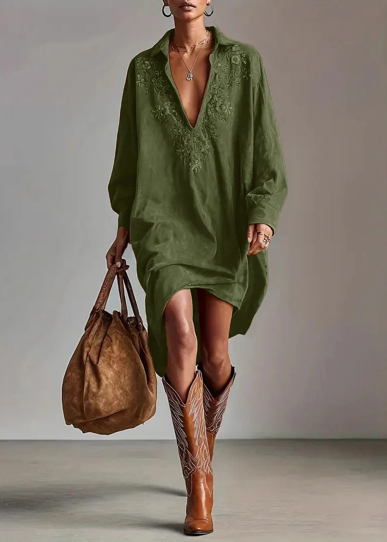 Vintage Caramel Peter Pan Collar Embroidered Faux Suede Shirts Dress Spring - Image 2