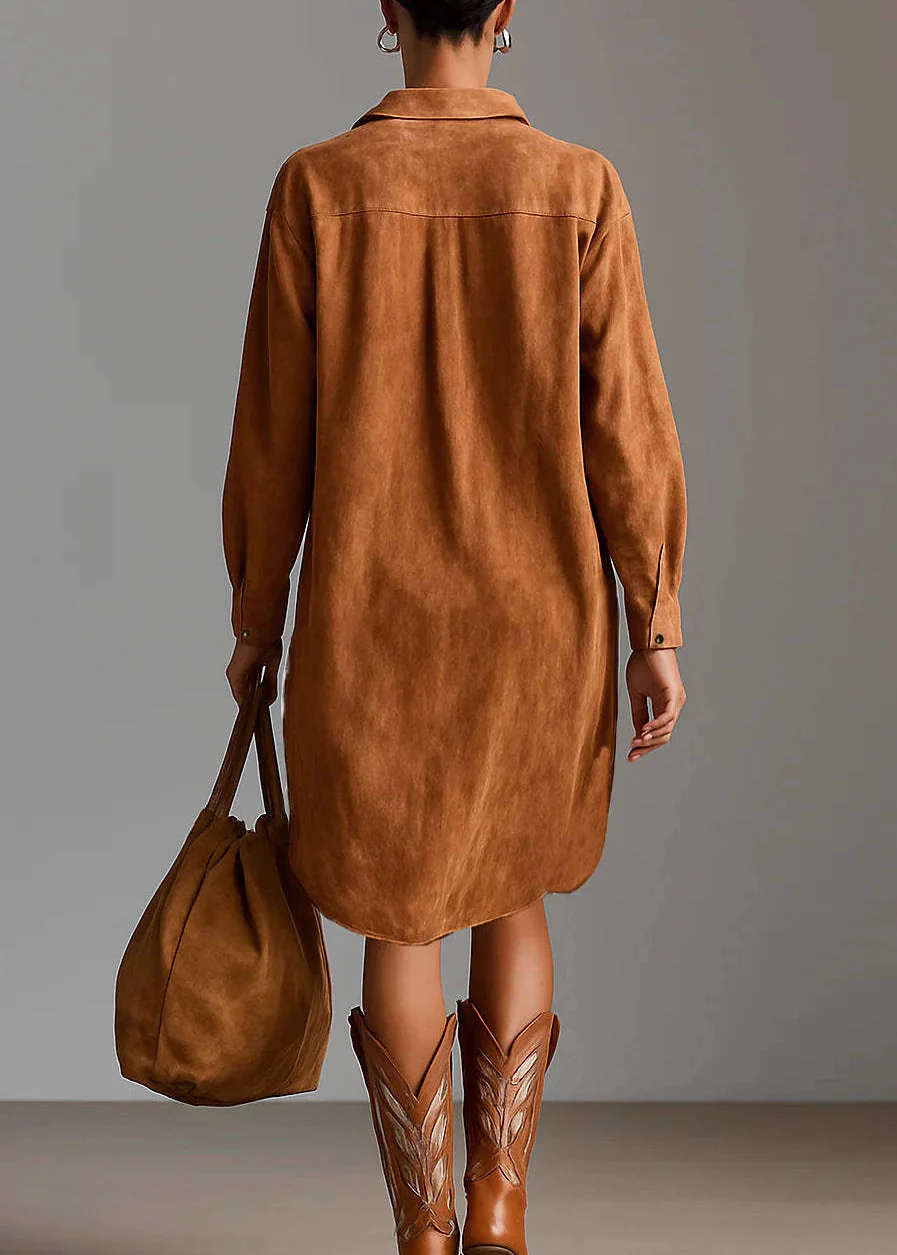 Vintage Caramel Peter Pan Collar Embroidered Faux Suede Shirts Dress Spring - Image 4