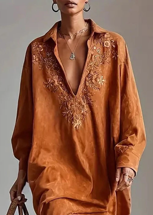 Vintage Caramel Peter Pan Collar Embroidered Faux Suede Shirts Dress Spring - Image 5