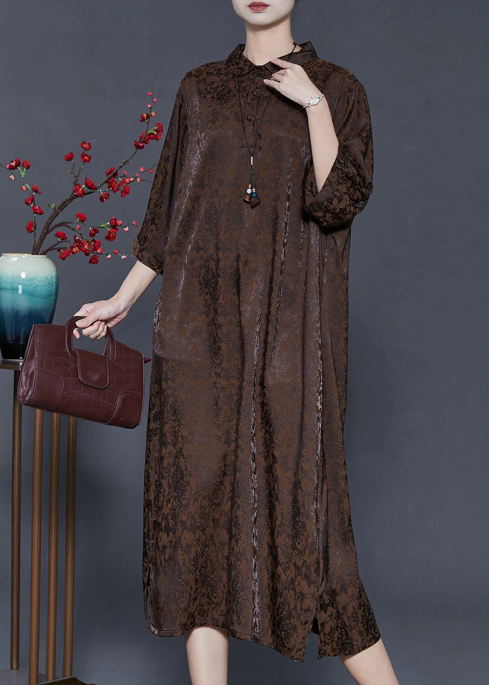 Vintage Chocolate Jacquard Silk Maxi Dresses Bracelet Sleeve - Image 2