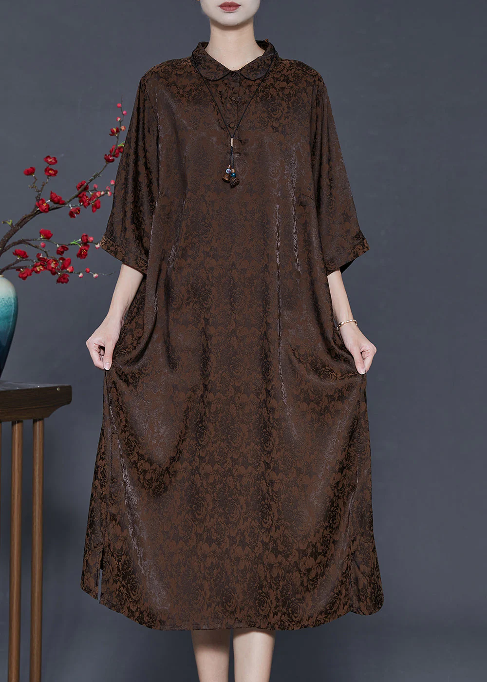 Vintage Chocolate Jacquard Silk Maxi Dresses Bracelet Sleeve - Image 3