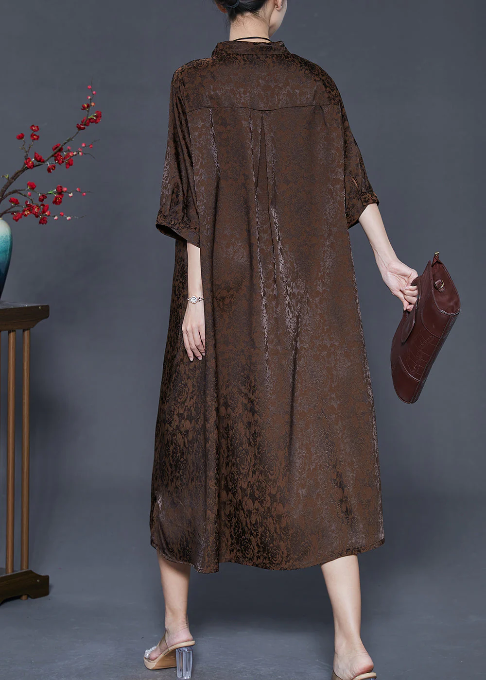 Vintage Chocolate Jacquard Silk Maxi Dresses Bracelet Sleeve - Image 4