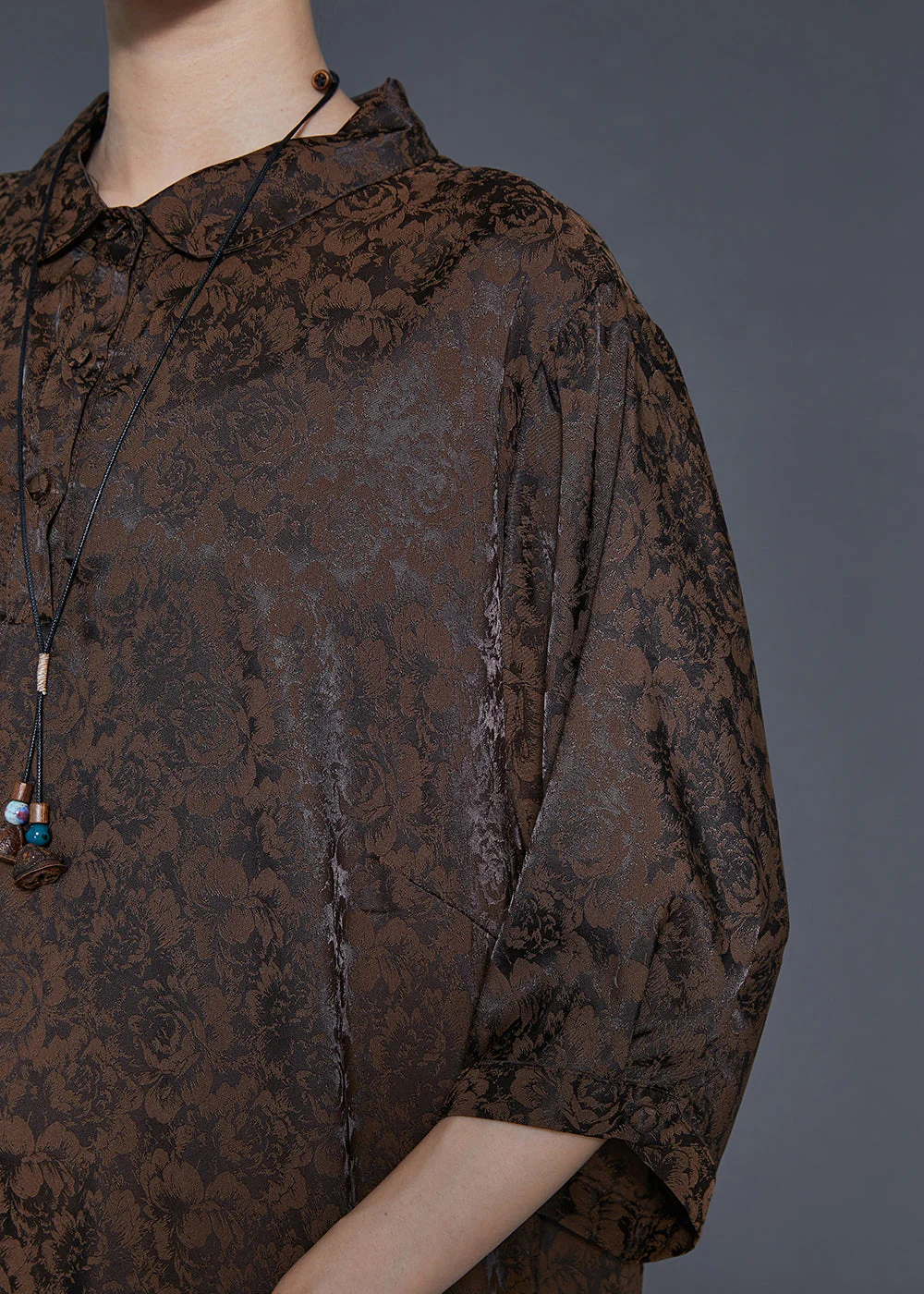 Vintage Chocolate Jacquard Silk Maxi Dresses Bracelet Sleeve - Image 5