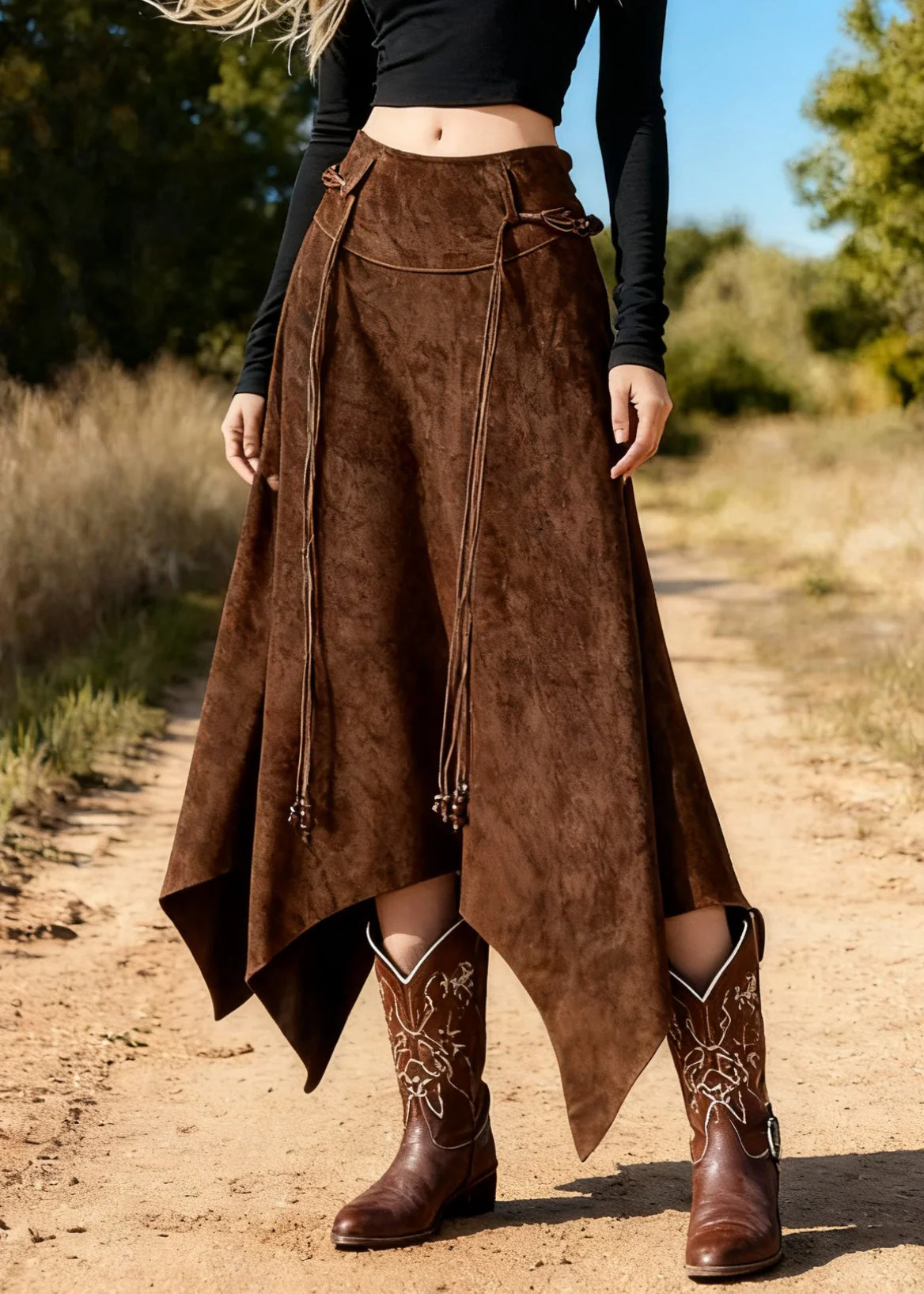 Vintage Coffee Asymmetrical Lace Up High Waist Faux Suede Skirts Spring