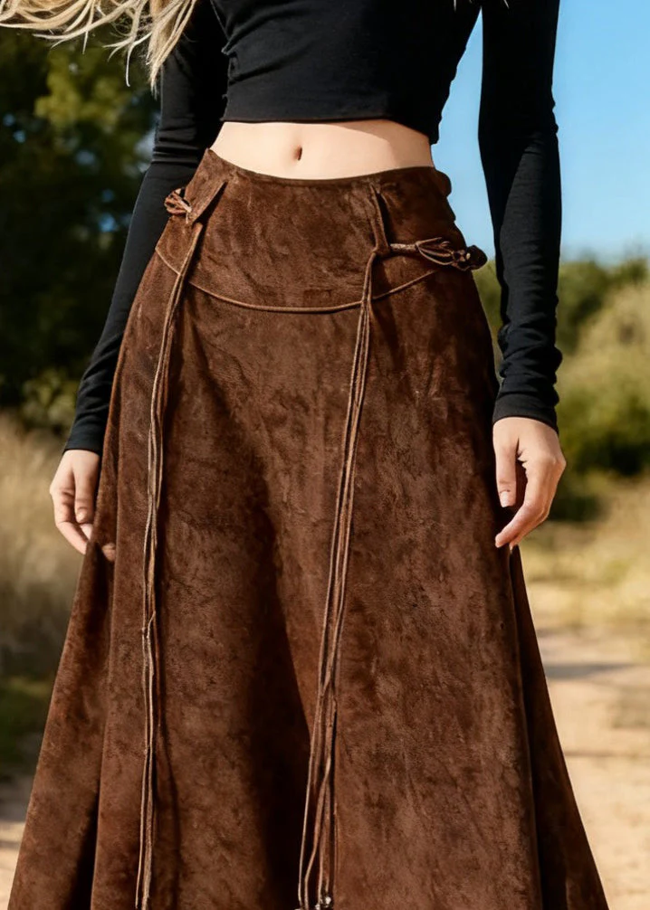 Vintage Coffee Asymmetrical Lace Up High Waist Faux Suede Skirts Spring - Image 3