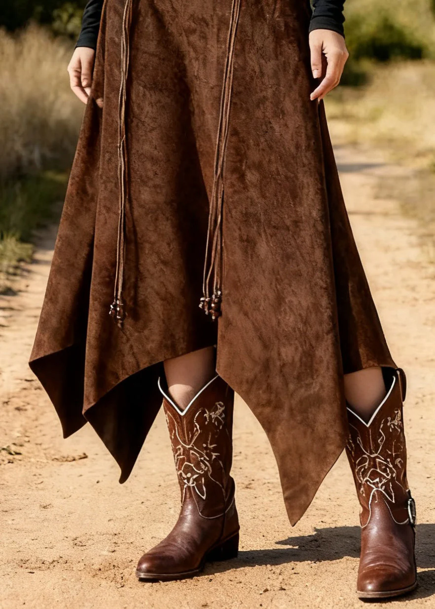Vintage Coffee Asymmetrical Lace Up High Waist Faux Suede Skirts Spring - Image 5
