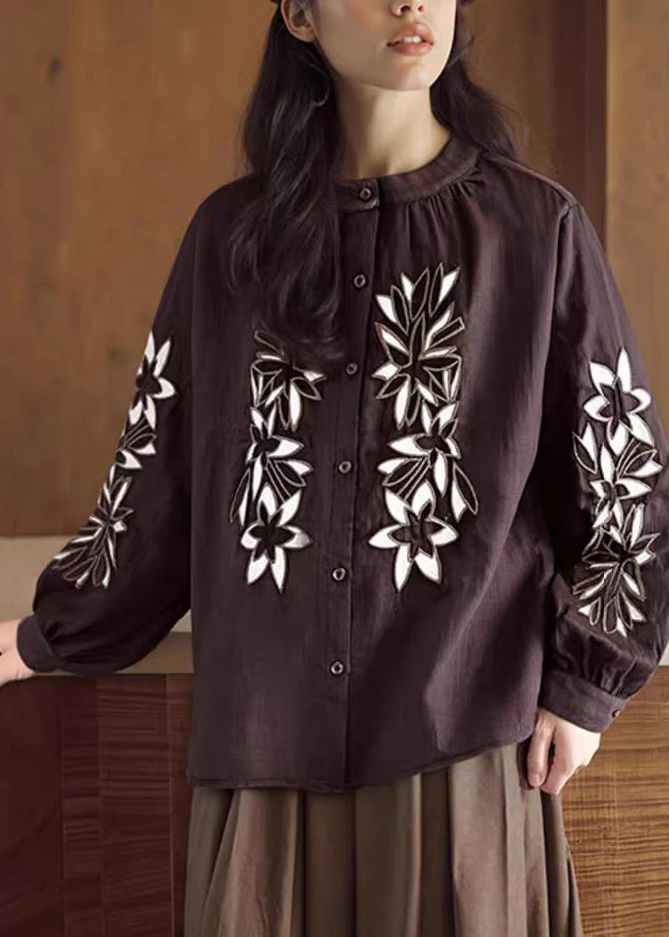 Vintage Coffee O-Neck Button Embroidered Ramie Shirt Spring
