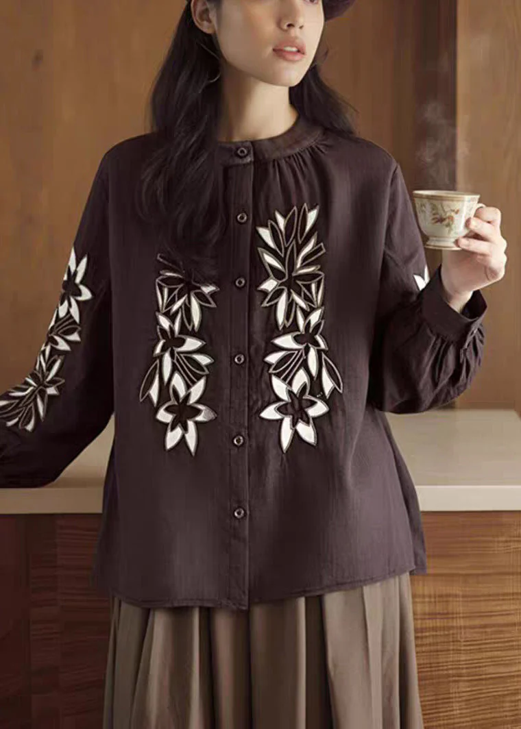 Vintage Coffee O-Neck Button Embroidered Ramie Shirt Spring - Image 2