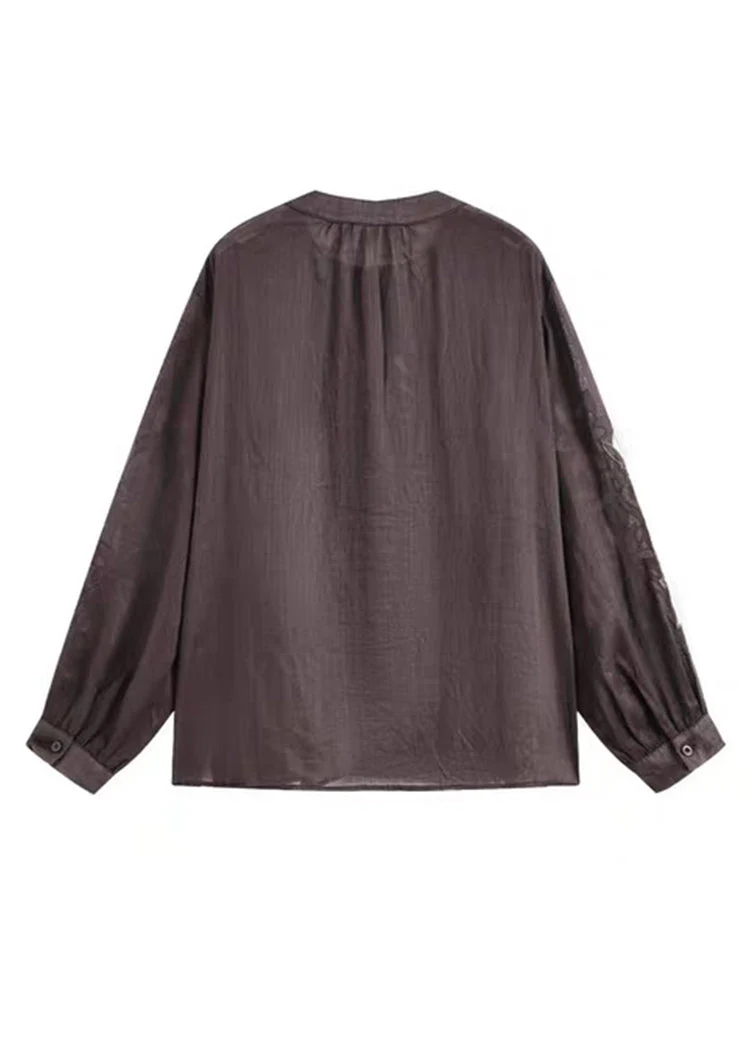 Vintage Coffee O-Neck Button Embroidered Ramie Shirt Spring - Image 4