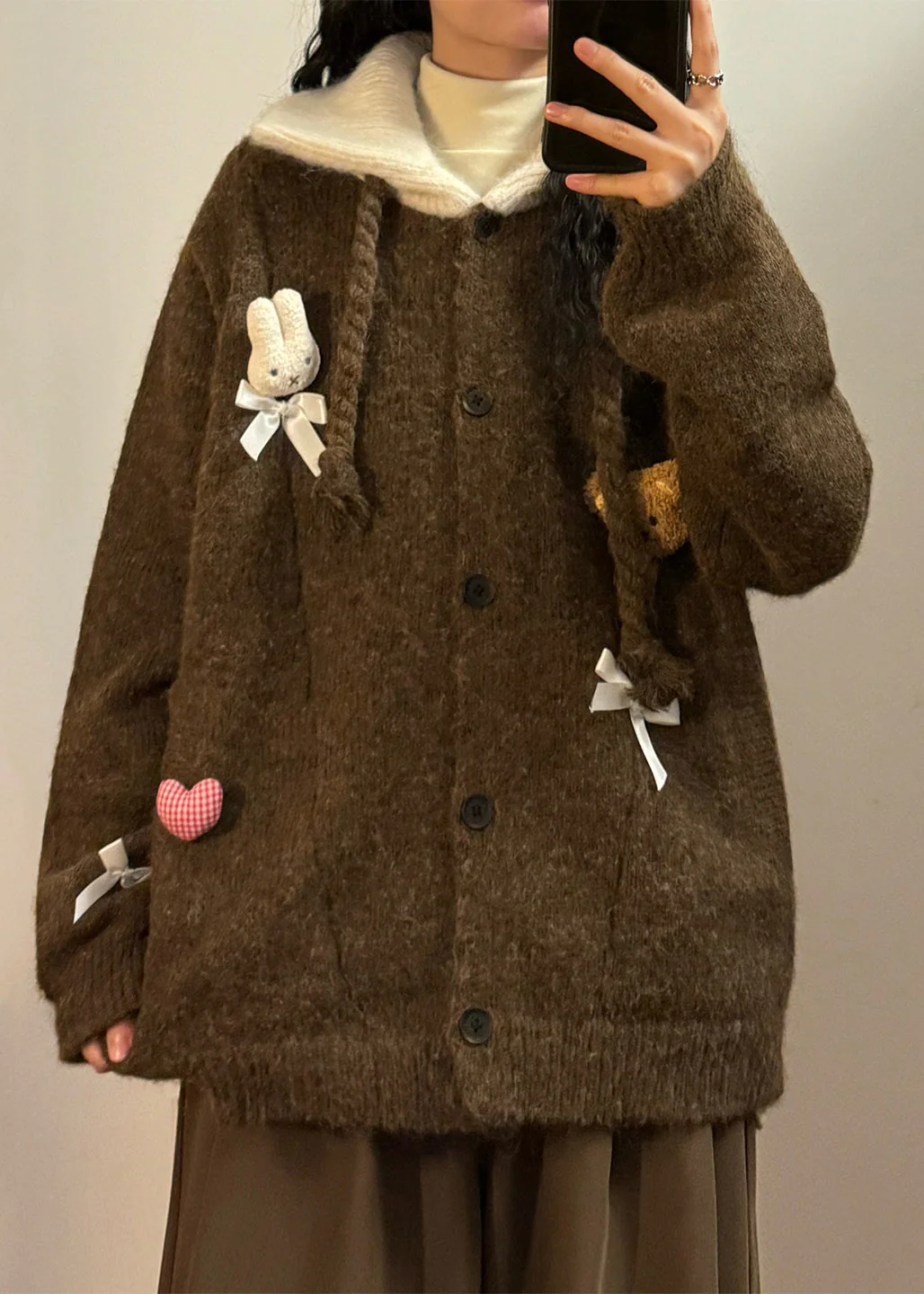 Vintage Coffee Peter Pan Collar Button Patchwork Knit Coats - Image 2