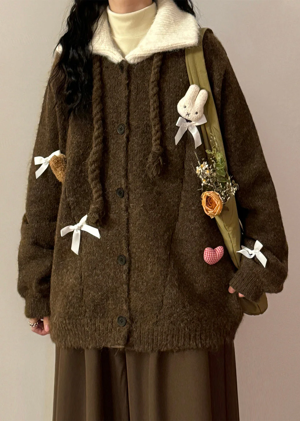 Vintage Coffee Peter Pan Collar Button Patchwork Knit Coats - Image 3