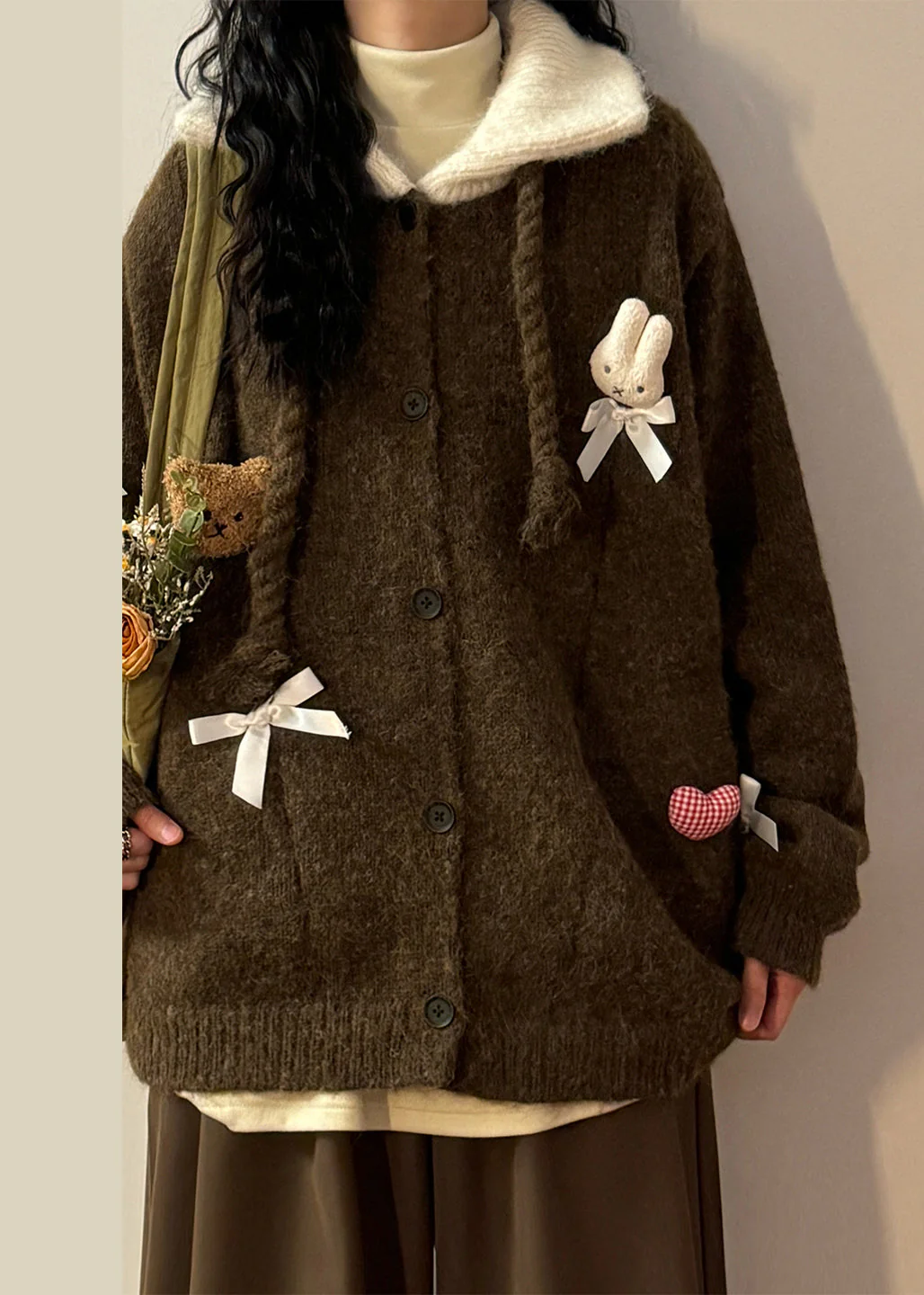 Vintage Coffee Peter Pan Collar Button Patchwork Knit Coats - Image 4