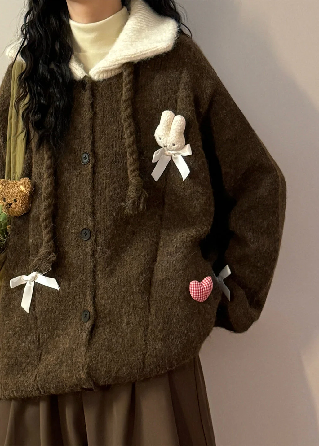 Vintage Coffee Peter Pan Collar Button Patchwork Knit Coats - Image 5
