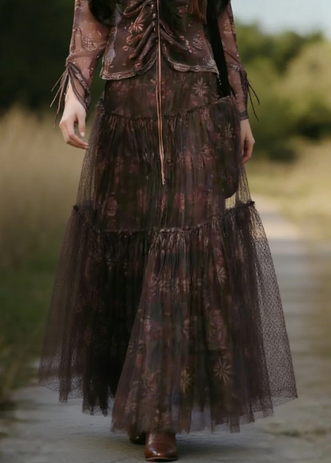 Vintage Coffee Print Wrinkled Tulle Skirt Summer - Image 5