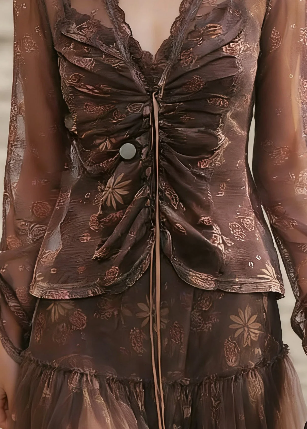 Vintage Coffee V Neck Cinched Tulle Shirt Spring - Image 4