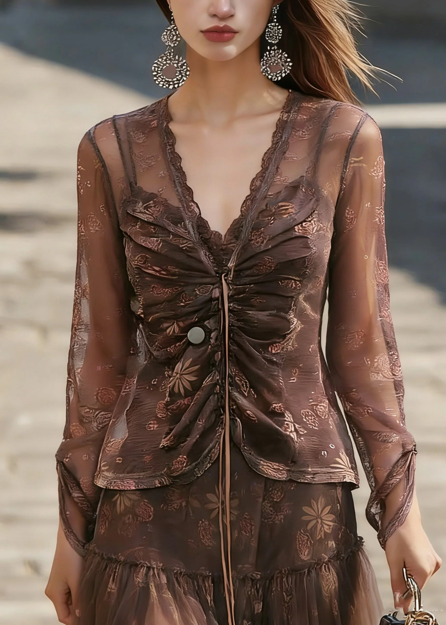 Vintage Coffee V Neck Cinched Tulle Shirt Spring - Image 5