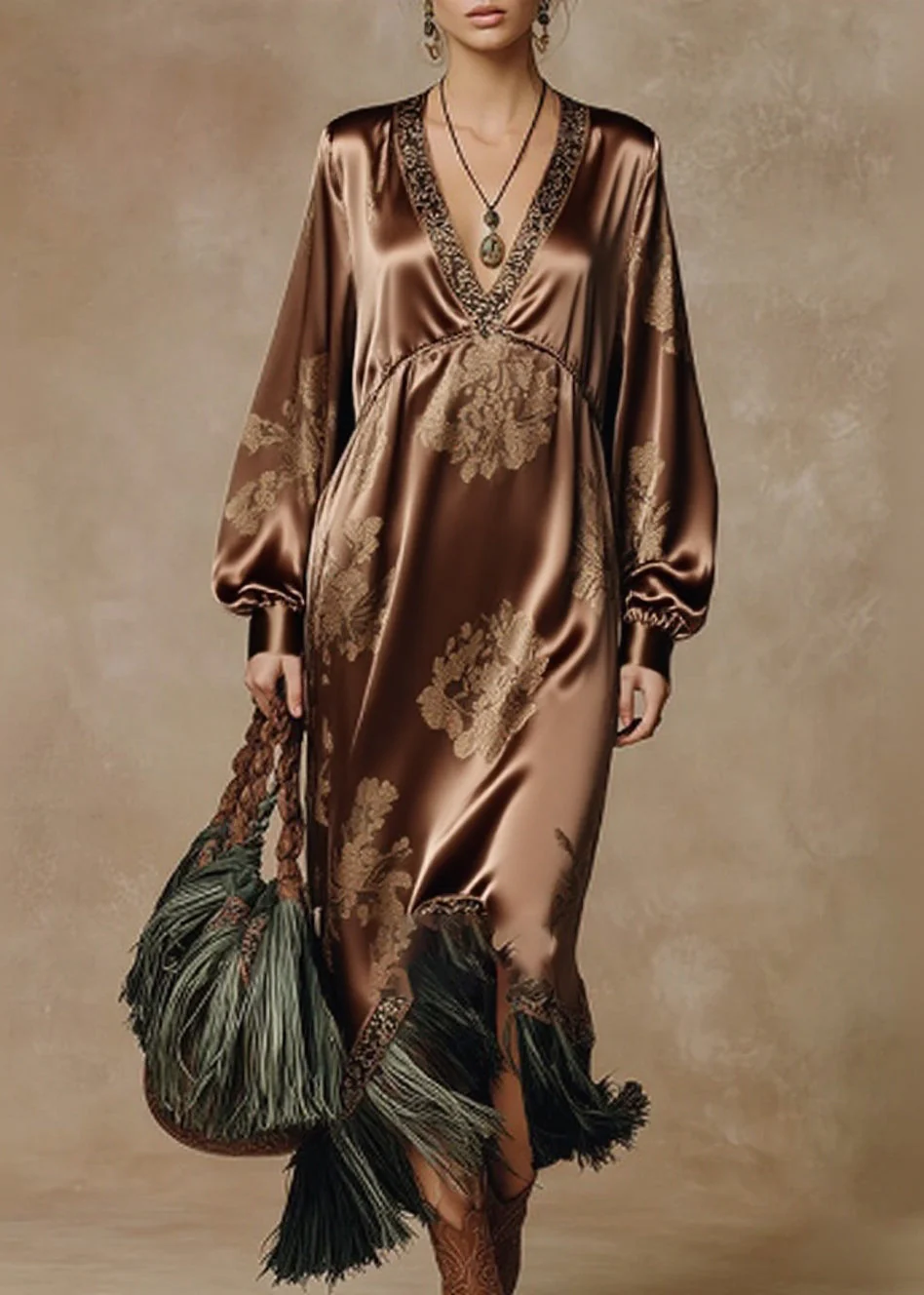 Vintage Coffee V Neck Tasseled Print Silk Long Dresses Spring