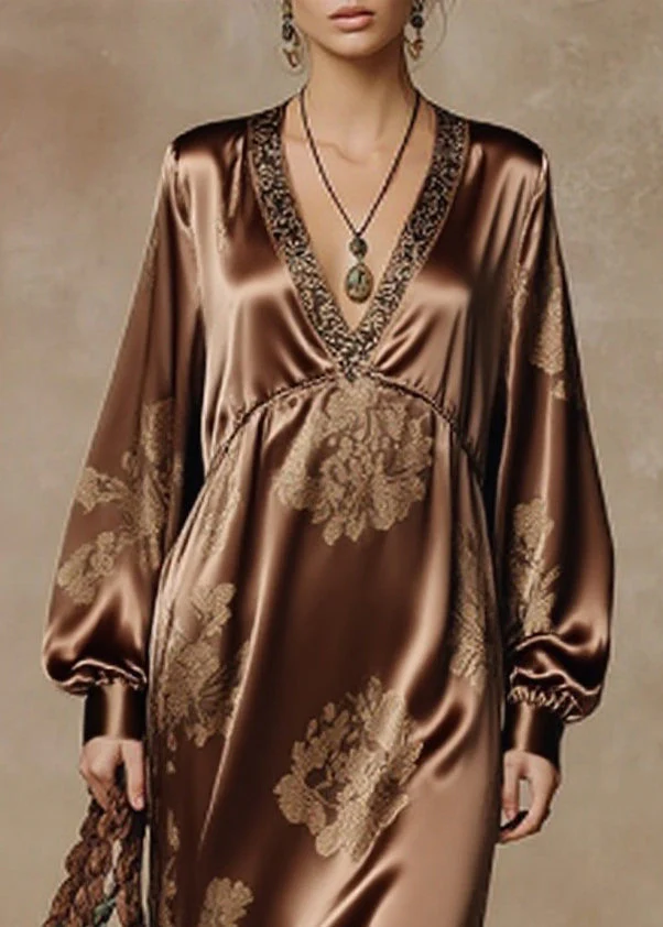 Vintage Coffee V Neck Tasseled Print Silk Long Dresses Spring - Image 2
