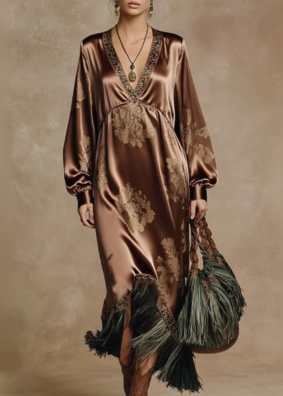 Vintage Coffee V Neck Tasseled Print Silk Long Dresses Spring - Image 3