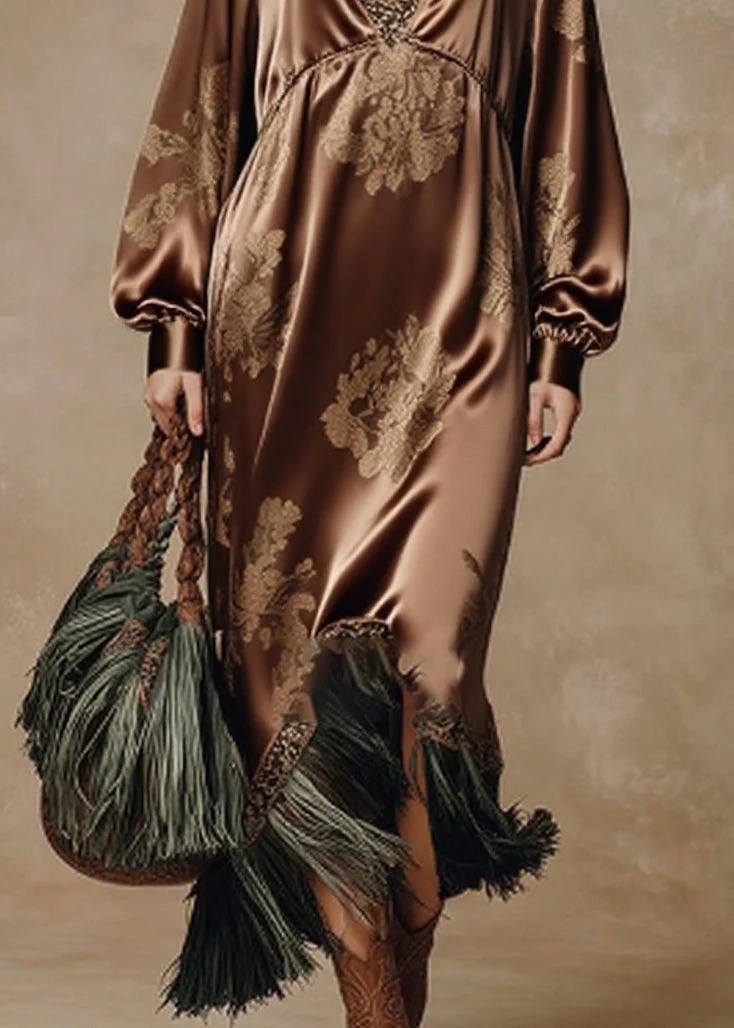 Vintage Coffee V Neck Tasseled Print Silk Long Dresses Spring - Image 4