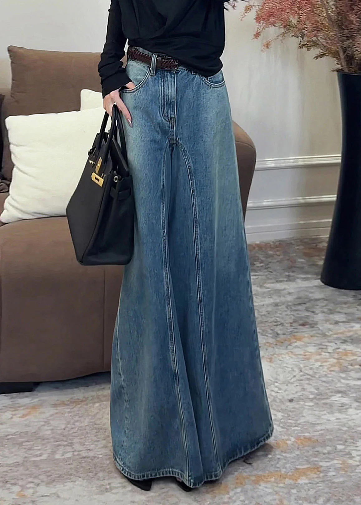 Vintage Dark Blue High Waist Pockets Draping Wide Leg Jeans Summer - Image 3