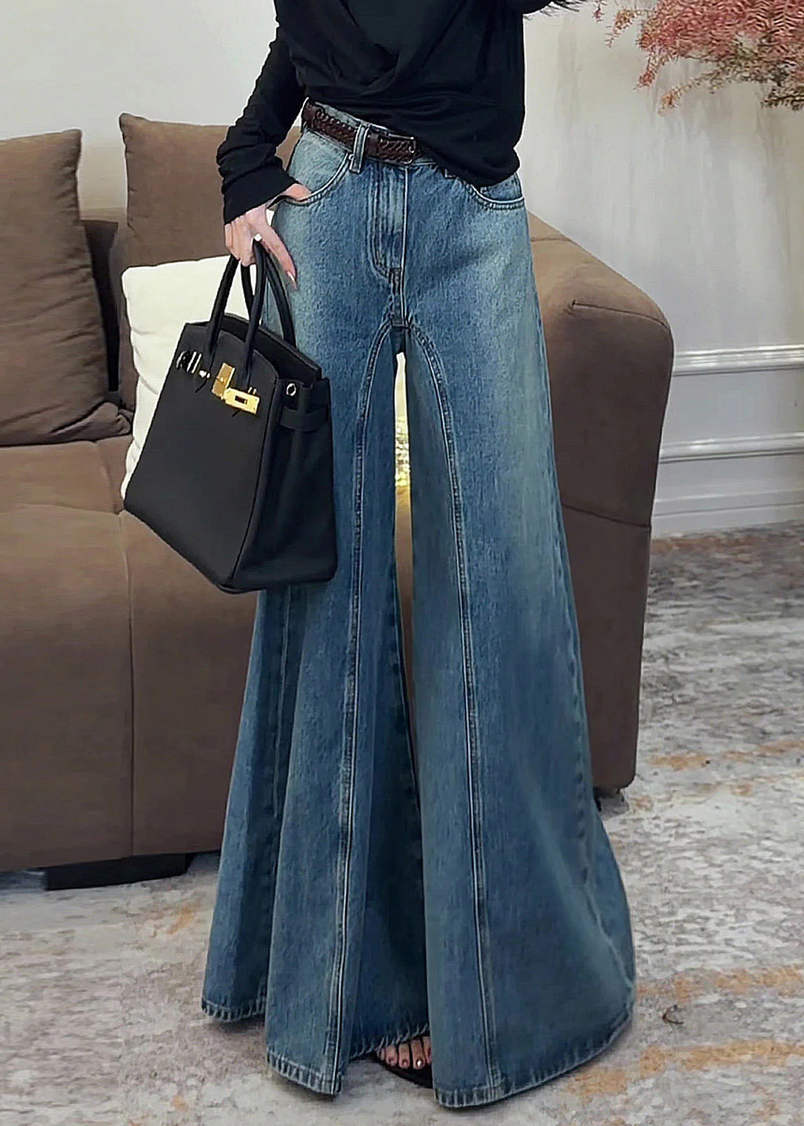 Vintage Dark Blue High Waist Pockets Draping Wide Leg Jeans Summer - Image 4