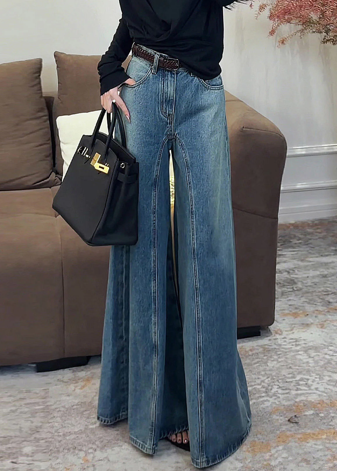 Vintage Dark Blue High Waist Pockets Draping Wide Leg Jeans Summer - Image 5