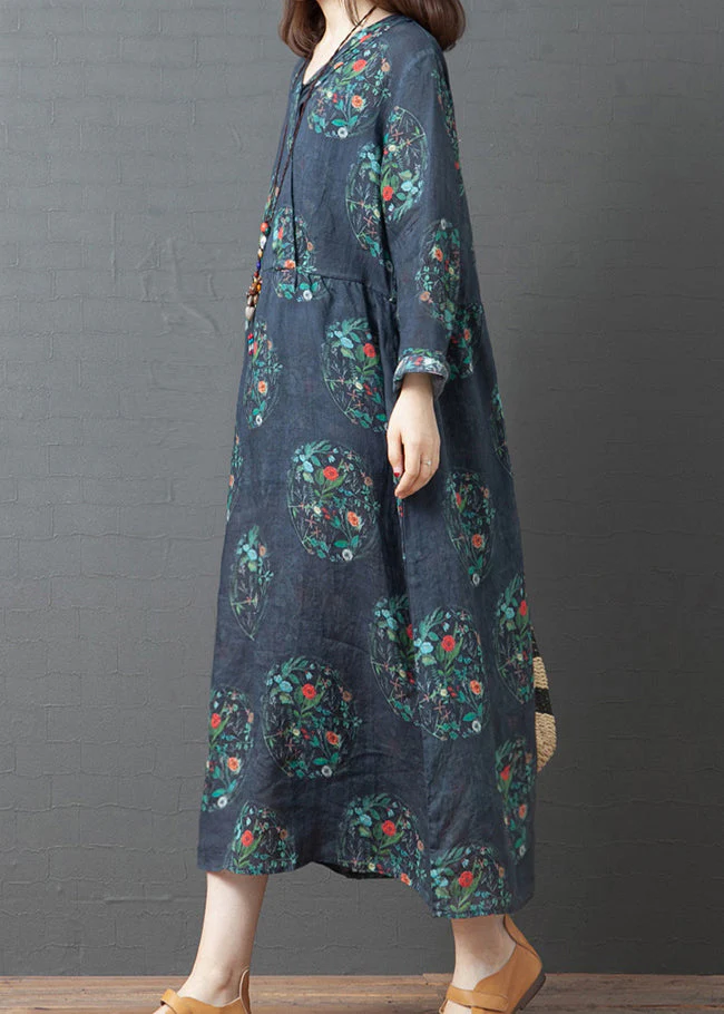 Vintage Dark Blue Print Linen Holiday Long Dress Spring - Image 2