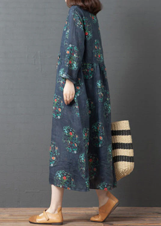 Vintage Dark Blue Print Linen Holiday Long Dress Spring - Image 3