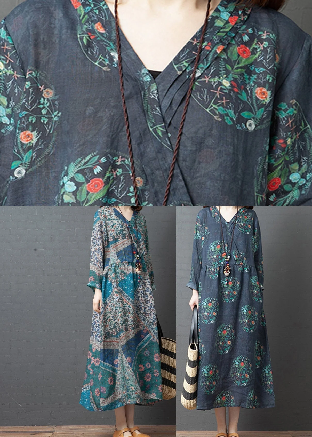 Vintage Dark Blue Print Linen Holiday Long Dress Spring - Image 4