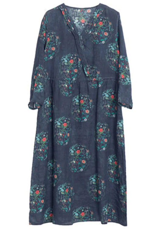 Vintage Dark Blue Print Linen Holiday Long Dress Spring - Image 5