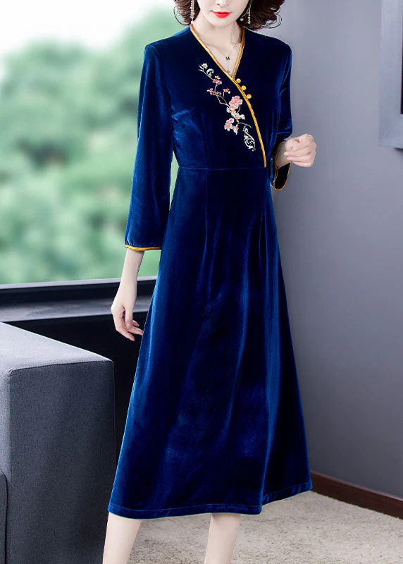 Vintage Dark Blue V Neck Embroidered Floral Silk Velour Holiday Dress Long Sleeve - Image 2