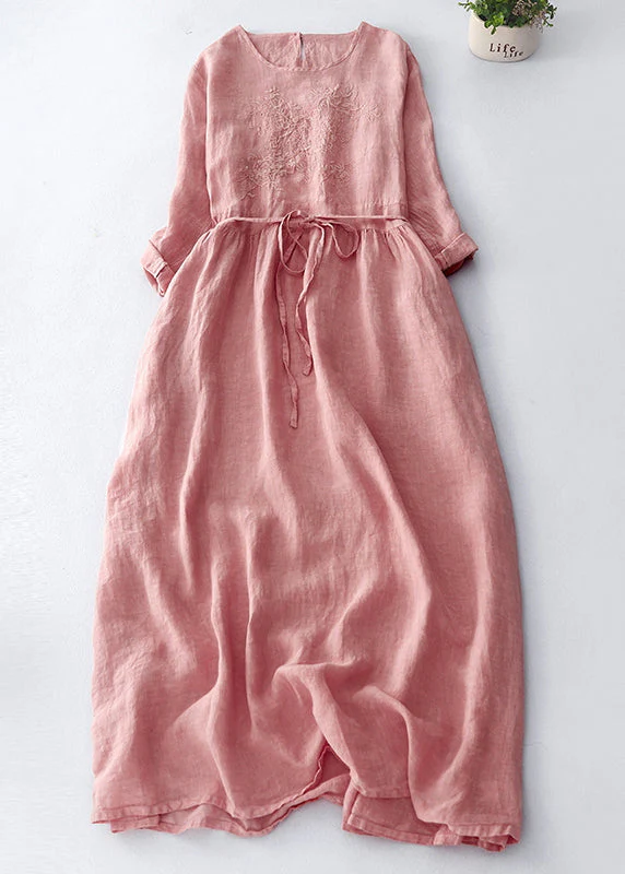 Vintage Dark Purple Embroidered Tie Waist Linen Maxi Dress Spring - Image 2