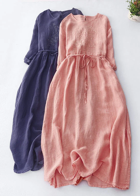 Vintage Dark Purple Embroidered Tie Waist Linen Maxi Dress Spring - Image 3