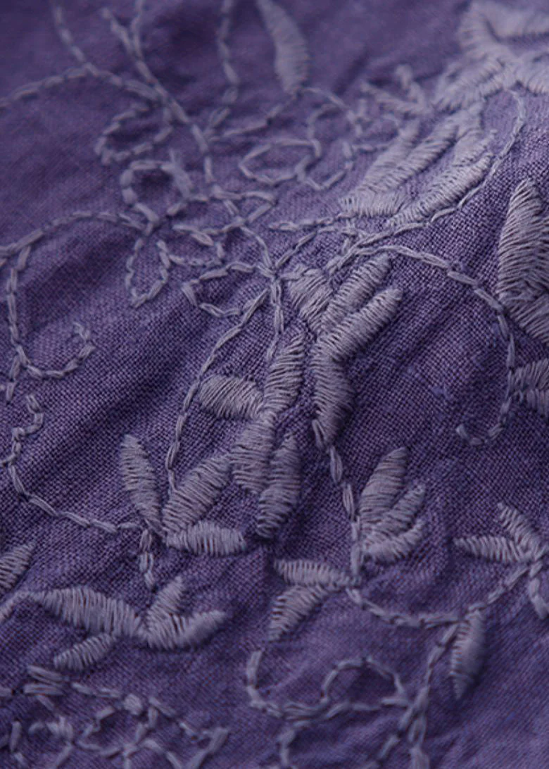 Vintage Dark Purple Embroidered Tie Waist Linen Maxi Dress Spring - Image 5