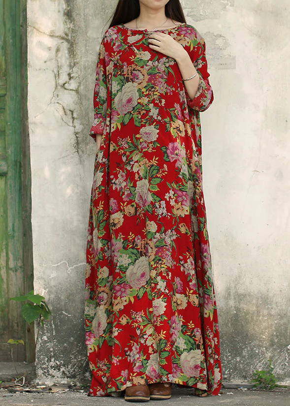 Vintage Dark Red O-Neck Pocket Print Cotton Long Dresses Long Sleeve - Image 2