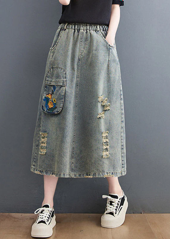 Vintage Denim Blue Hole Elastic Waist A Line Skirts Summer - Image 2
