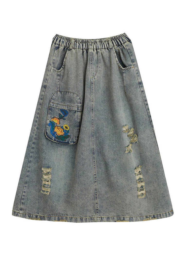 Vintage Denim Blue Hole Elastic Waist A Line Skirts Summer - Image 5