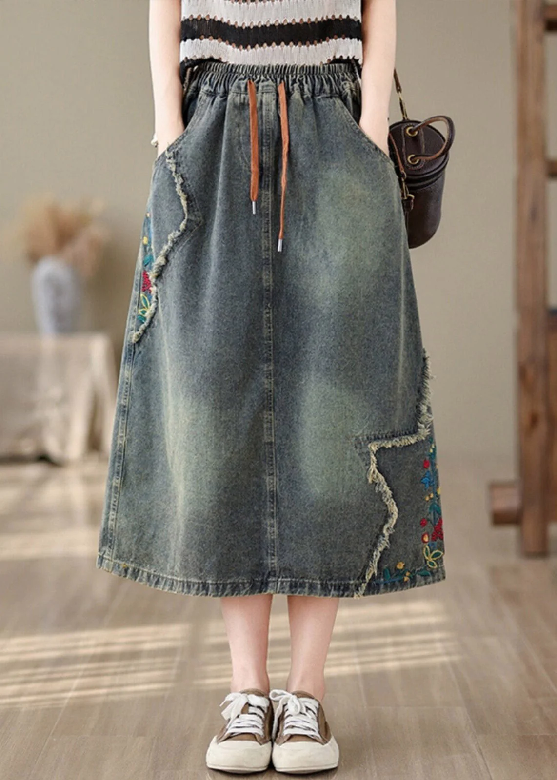 Vintage Denim Blue Pockets Patchwork Tie Waist Maxi Skirt Summer - Image 2