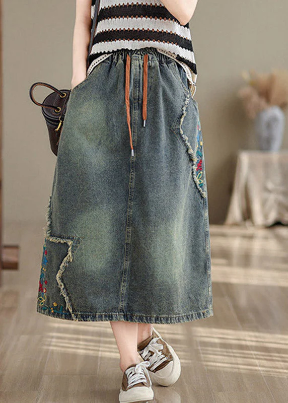 Vintage Denim Blue Pockets Patchwork Tie Waist Maxi Skirt Summer - Image 3