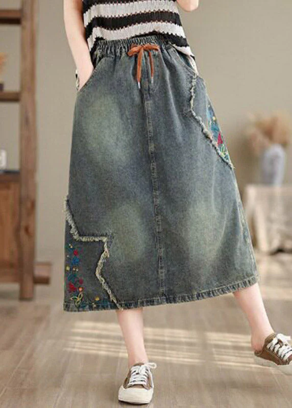 Vintage Denim Blue Pockets Patchwork Tie Waist Maxi Skirt Summer - Image 4