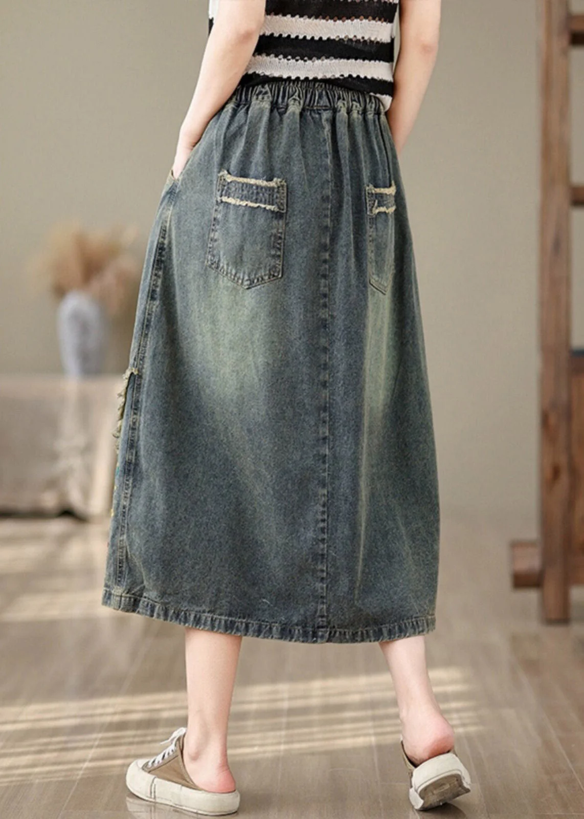 Vintage Denim Blue Pockets Patchwork Tie Waist Maxi Skirt Summer - Image 5