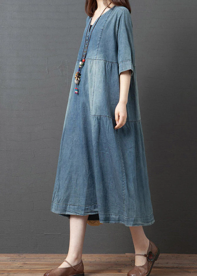 Vintage Denim Blue V Neck Patchwork Dresses Half Sleeve - Image 2
