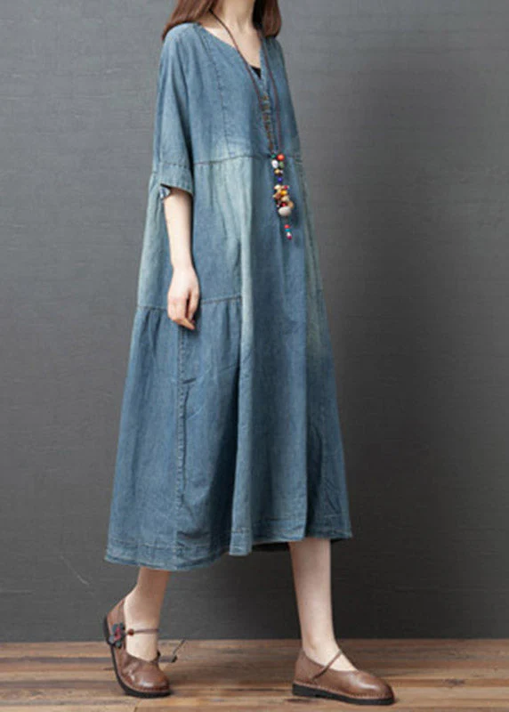 Vintage Denim Blue V Neck Patchwork Dresses Half Sleeve - Image 3