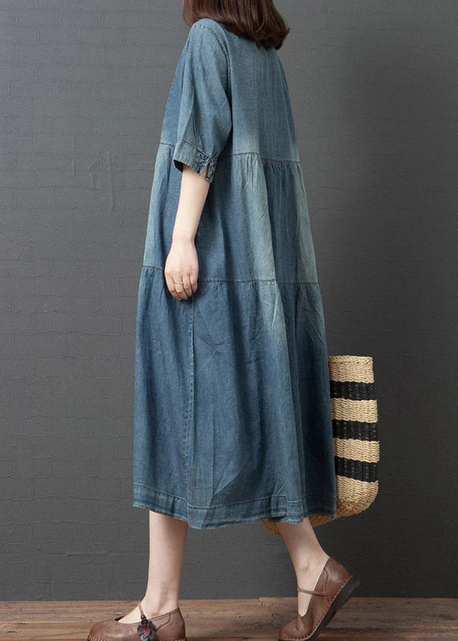 Vintage Denim Blue V Neck Patchwork Dresses Half Sleeve - Image 4