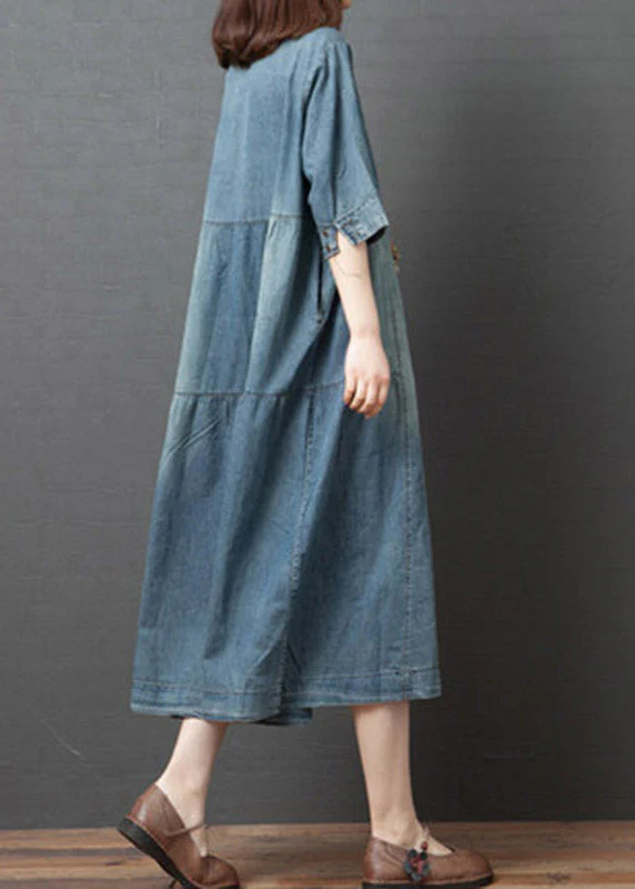 Vintage Denim Blue V Neck Patchwork Dresses Half Sleeve - Image 5