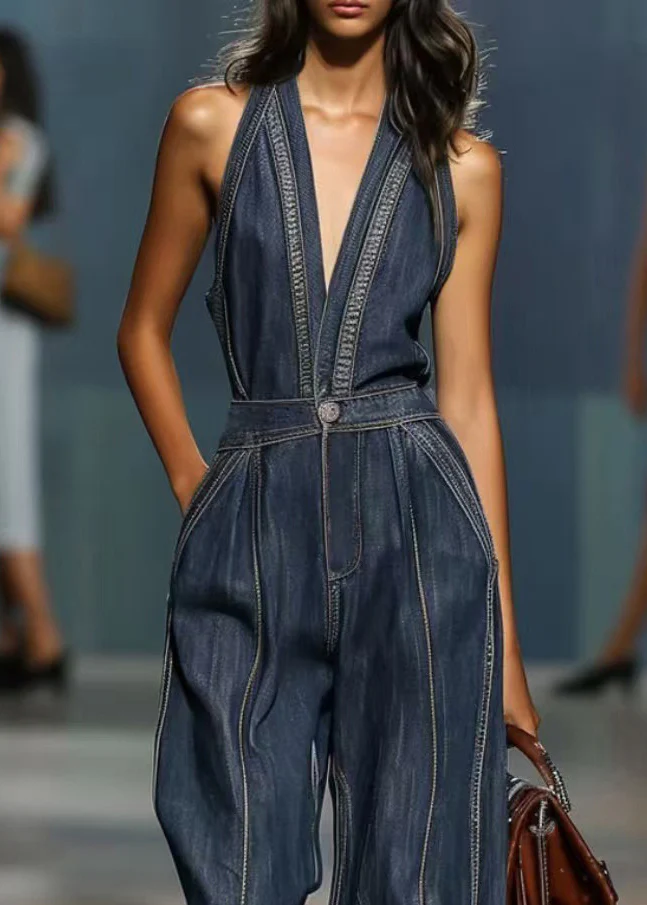 Vintage Denim Blue V Neck Pockets High Waist Jumpsuits Sleeveless - Image 2