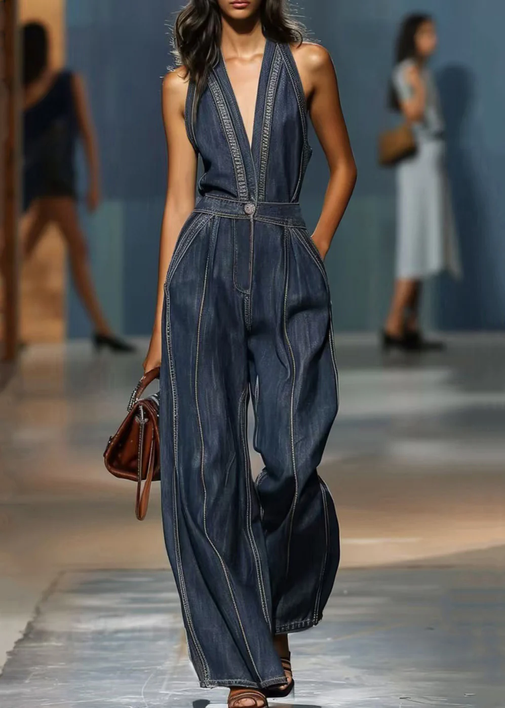 Vintage Denim Blue V Neck Pockets High Waist Jumpsuits Sleeveless - Image 3
